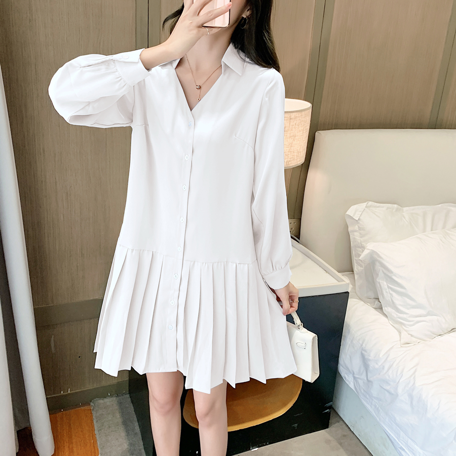实拍2020秋季新款韩版宽松显瘦衬衫百褶连衣裙设计感a字裙女