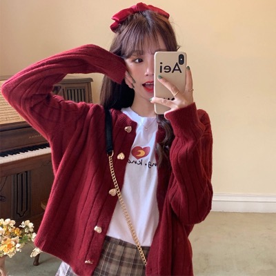 우 77 달콤함 하트 단추 디스플레이 화이트 빨간색 쇼트 스타일 스웨터 오픈 가디건 한국 스타일 루즈핏 슬림해 보이는 구덩이 스트라이프 니트 스웨터