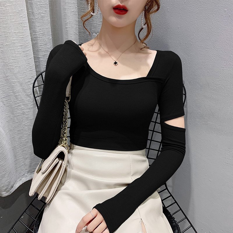 实拍#打底衫女秋冬内搭2020年新款紧身锁骨短款上衣设计感长袖t恤