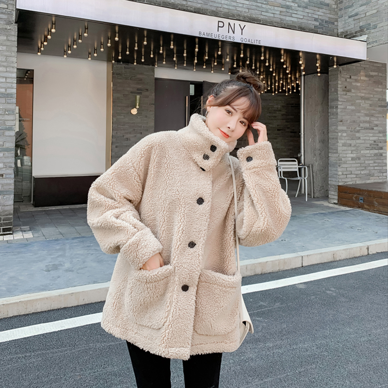 羊羔毛外套女韩版宽松2020秋冬新款短款皮毛一体加厚立领毛绒大衣