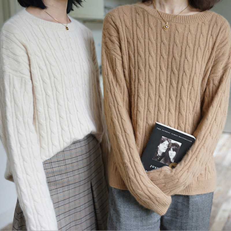 秋冬羊绒衫加厚圆领麻花毛衣女羊毛套头扭花宽松慵懒针织打底套衫