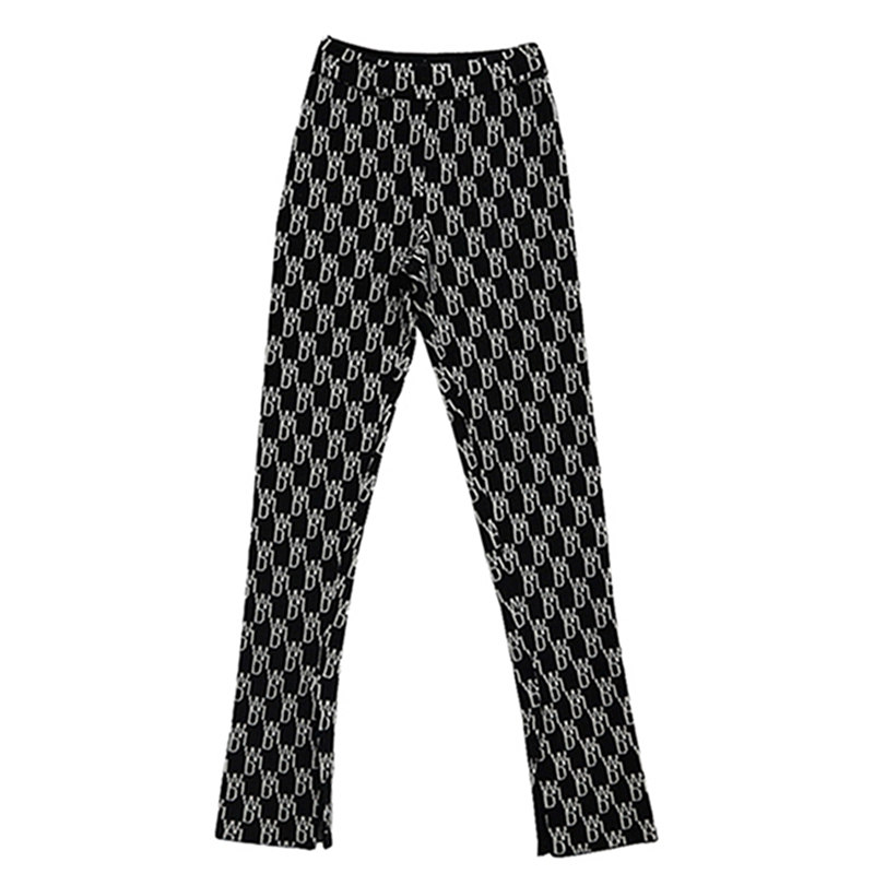 羊毛welldone针织老花直筒长裤子满印字母纽扣开叉裤脚