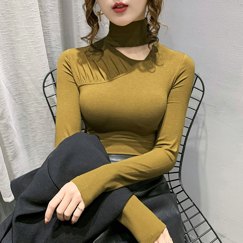 实拍#加绒加厚高领打底衫女秋冬2020新款紧身锁骨上衣磨毛长袖t恤
