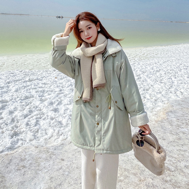 实拍2020新款羽绒服宽松闺蜜装派克棉服女立领羊羔毛工装棉衣