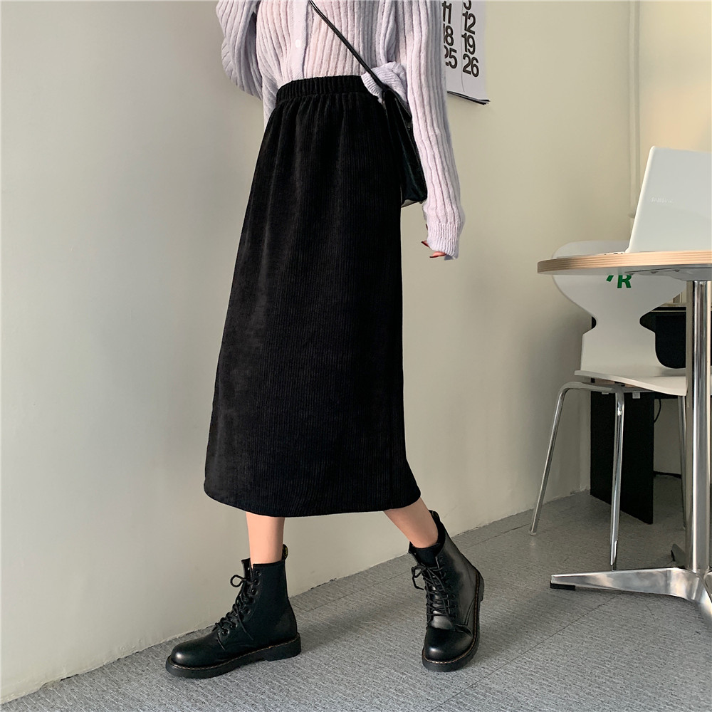 实拍~大码女装秋冬高腰a字裙2020新款开叉雪尼尔半身裙女中长款