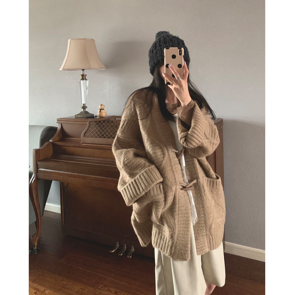 钱美西 宽松复古毛衣外套女 气质慵懒风中长款针织开衫外穿冬新款