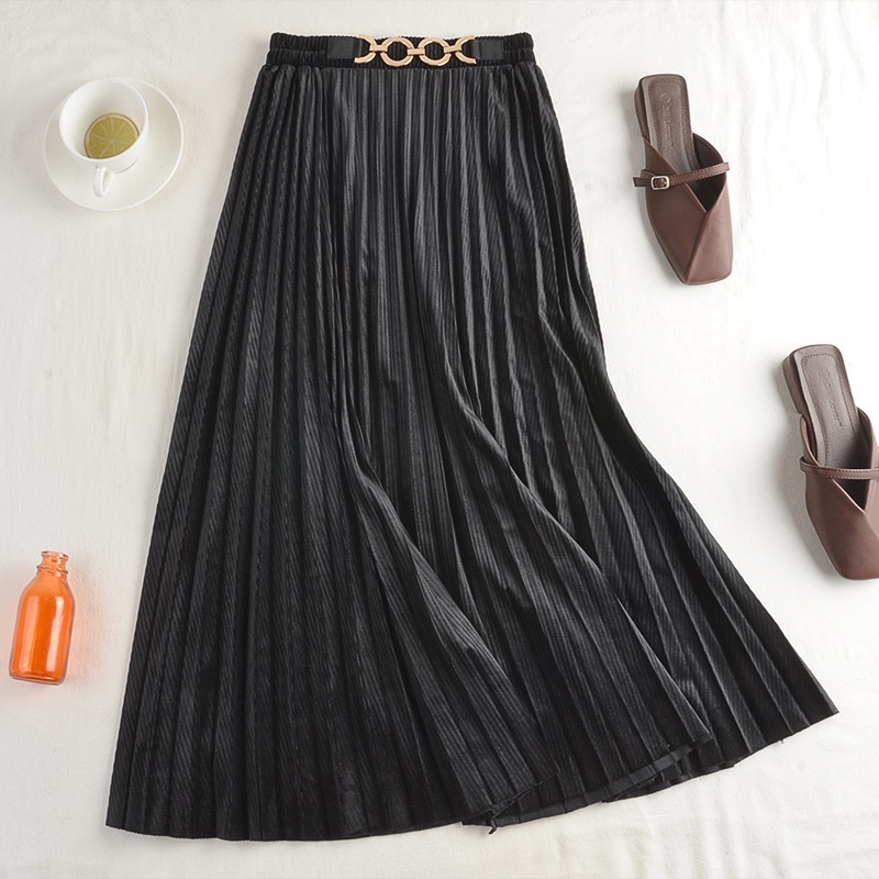 新款高腰显瘦a字金属链腰头百褶暗纹金丝绒中长款半身裙秋冬女