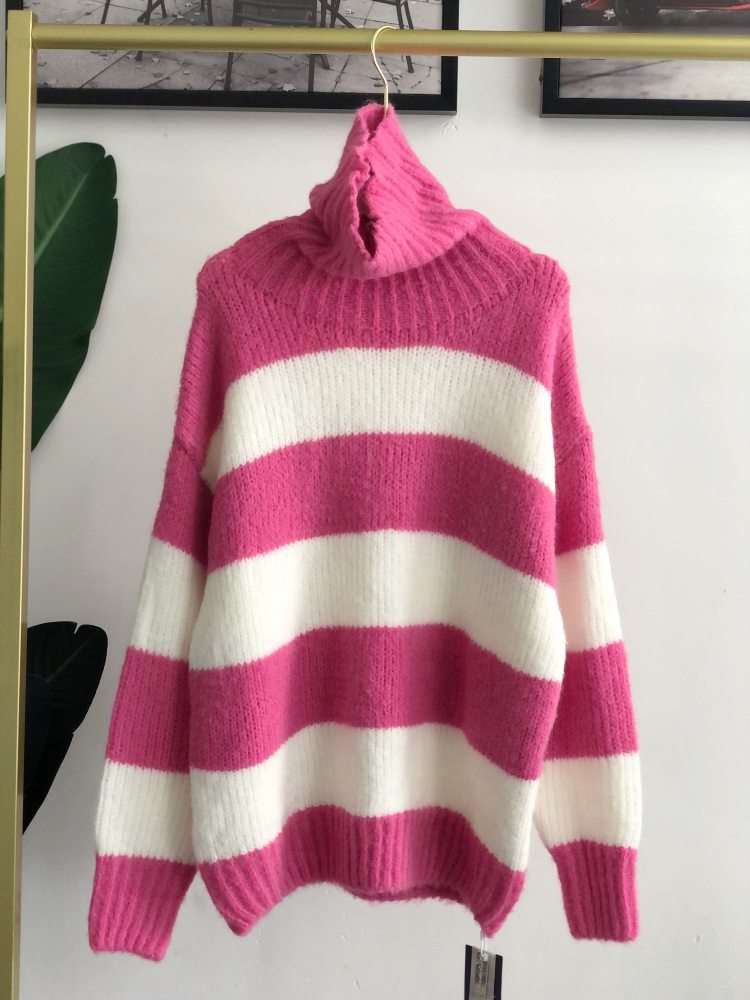 alice w花花家慵懒风高领粉色条纹毛衣女韩版粗毛线套头针织上衣