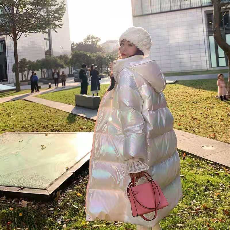 焕彩长款11.23新品包邮 设计感帅气炫彩镭射亮面加厚羽绒服