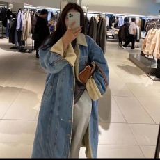 2020冬季新款韩版中长款羊羔毛牛仔棉服外套女时尚过膝加厚棉衣
