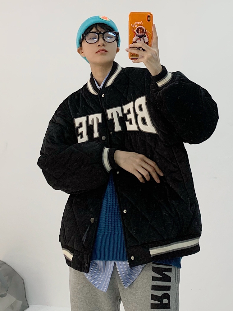 les帅t林弯弯冬季日系棒球领棉服男女宽松情侣工装棉衣棒球服外套