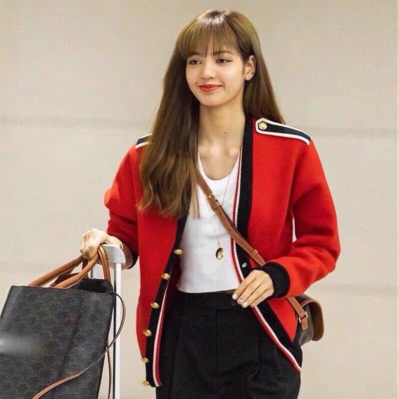 lisa明星同款衣服2020秋冬新款复古宽松毛衣外套海军风针织开衫女