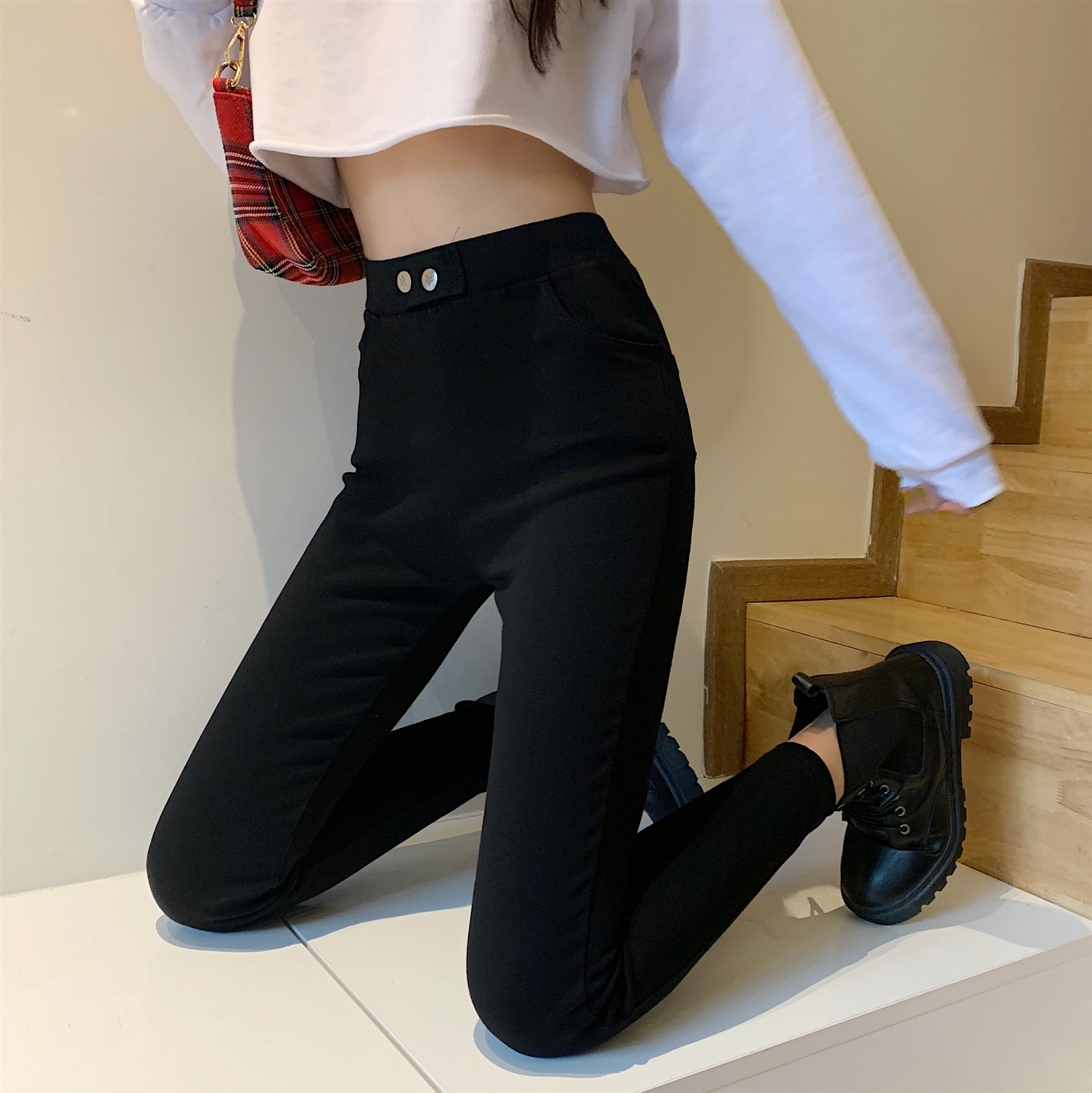 实拍实价 魔术裤女小黑裤紧身裤子黑色小脚九分外穿打底裤长裤