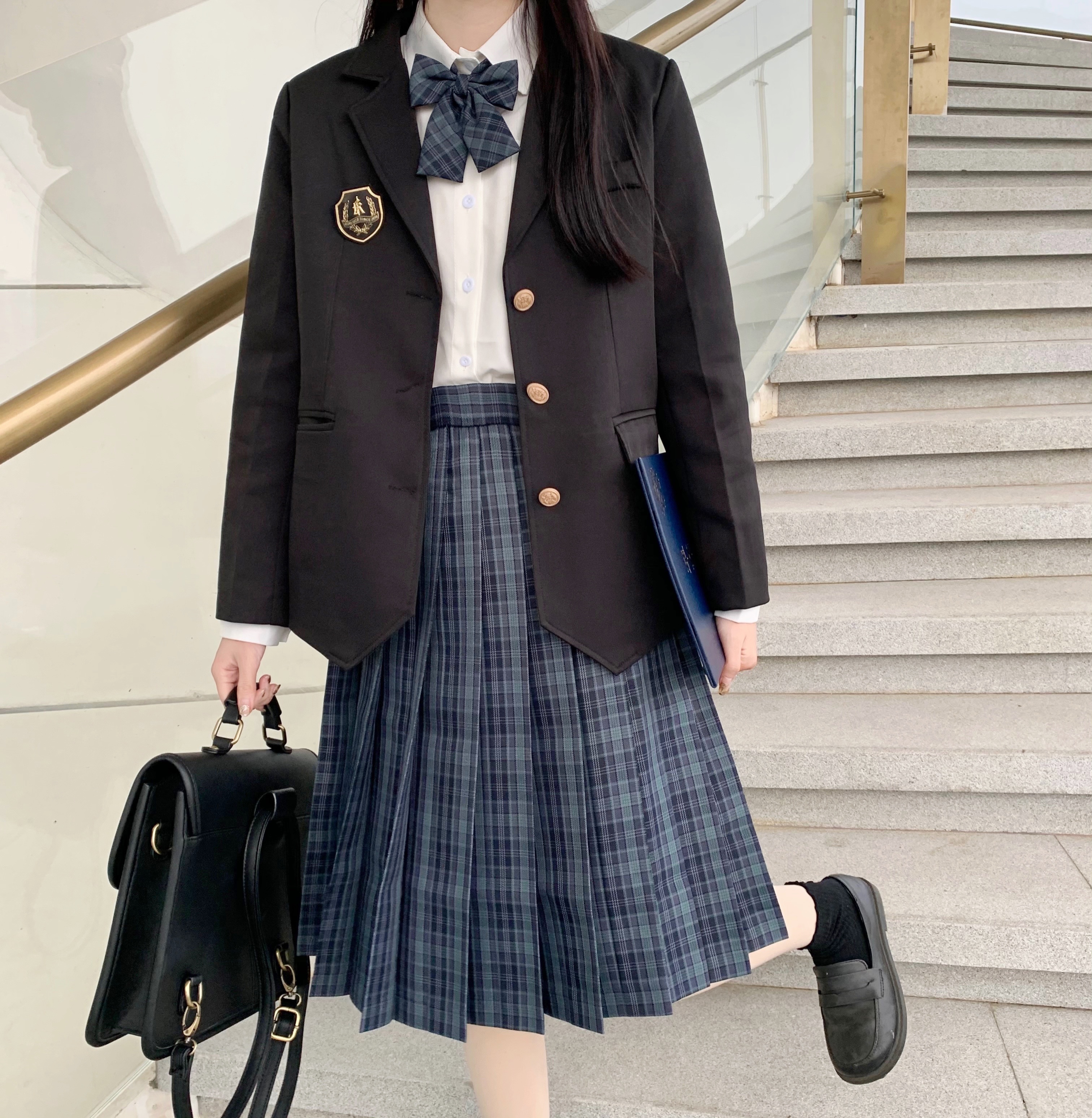 实拍现货 迟太黑西jk外套海苔格裙套装