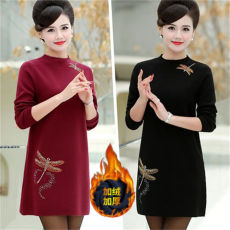 批发【原版烫珠】胖MM200斤中长款连衣裙秋<b class='q'>冬</b>季加绒加厚大码保暖打底
