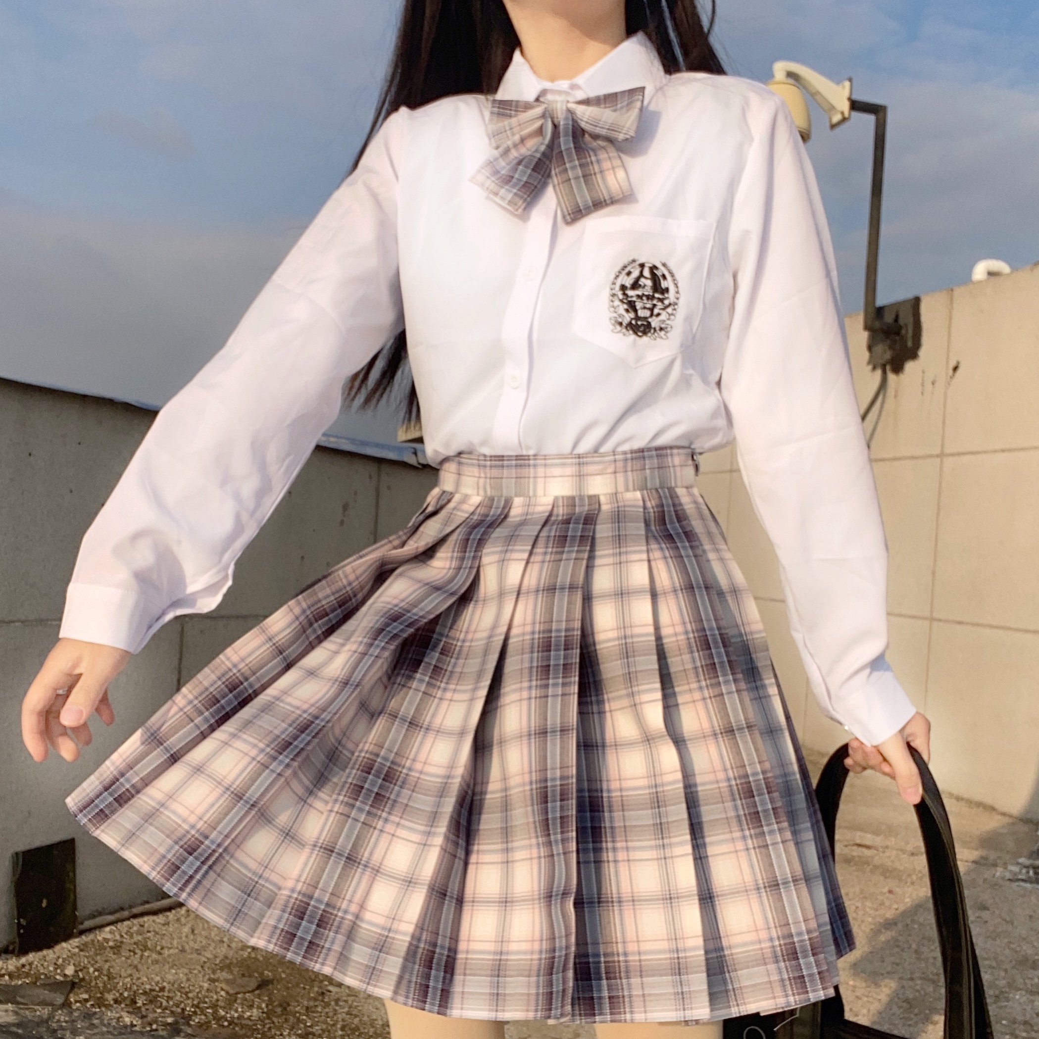 实拍现货 白夜霓虹 jk格裙套装浩海刺绣套装