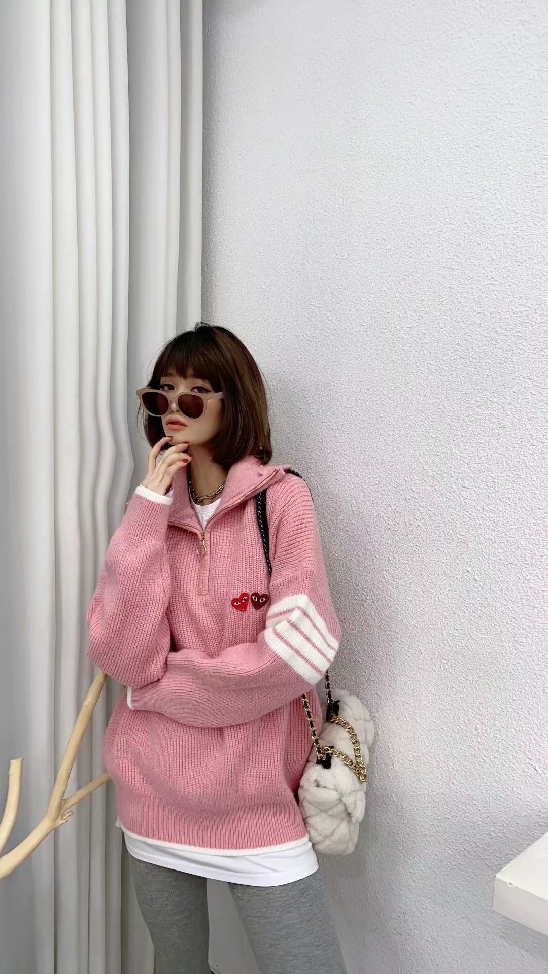 套头毛衣女慵懒风上衣韩版宽松拉链针织百搭女