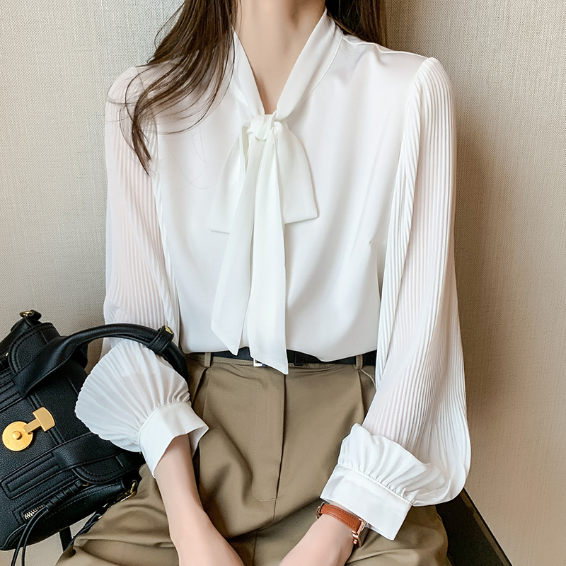 실사 2026 가을 새로운 리본 칼라 나비 매듭 매우 요정 ~ 중 긴팔 여성 쉬폰 블라우스
