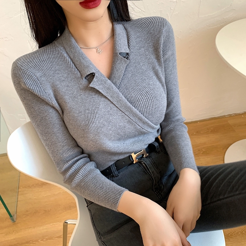 实拍#v领毛衣女冬加厚心机露锁骨针织上衣修身打底衫女秋冬内搭潮