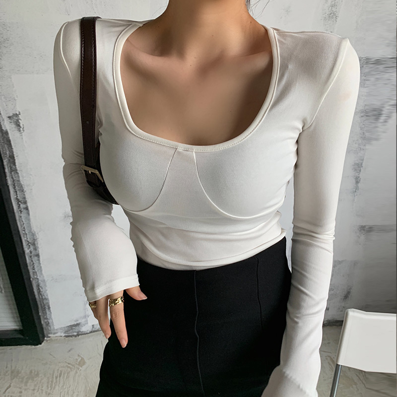 实拍#性感打底衫女内搭2021春季新款紧身锁骨方领短款上衣长袖t恤