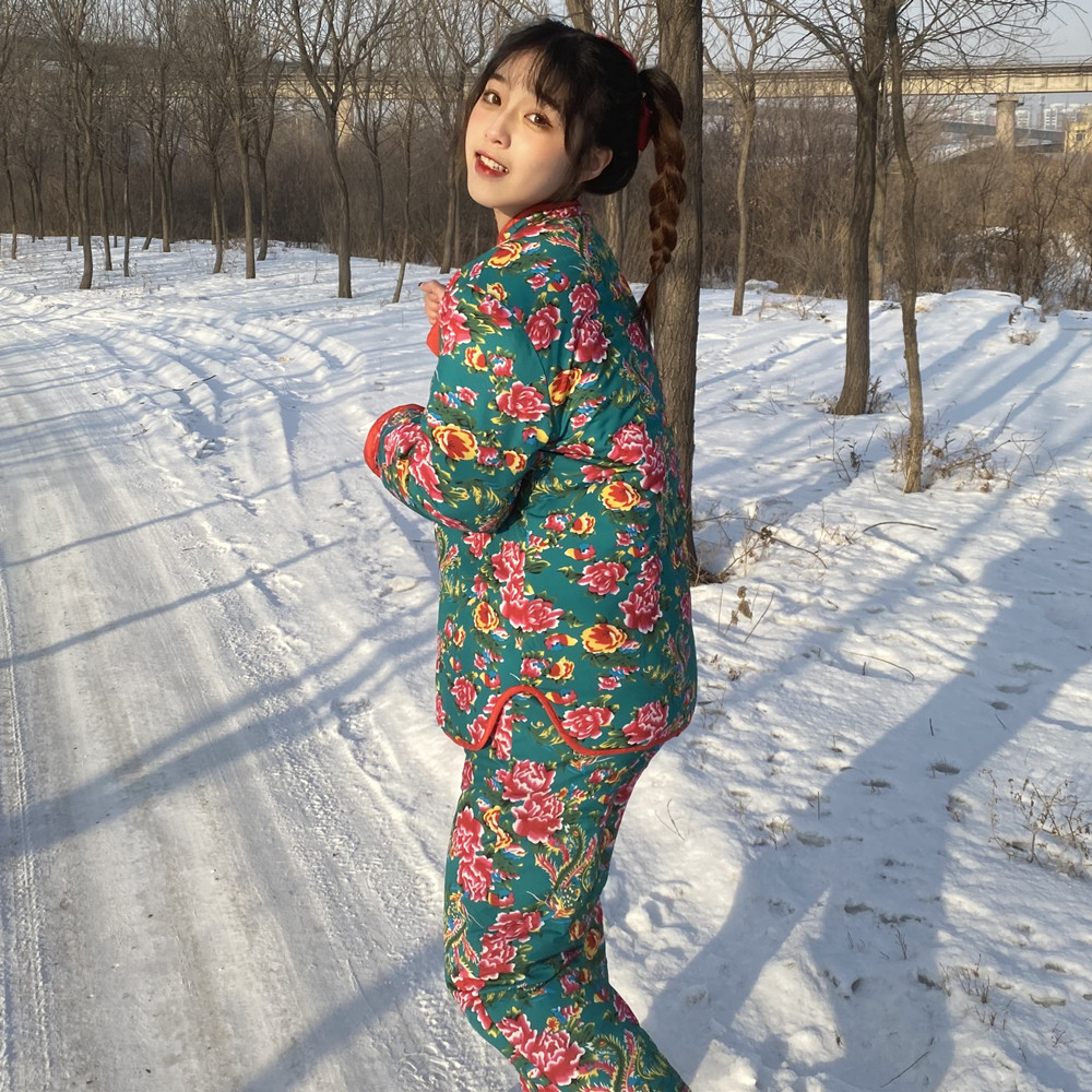 控 5价牛年东北大花裤牡丹花袄冬季加厚长袖袄子套装女_heyworldheyw