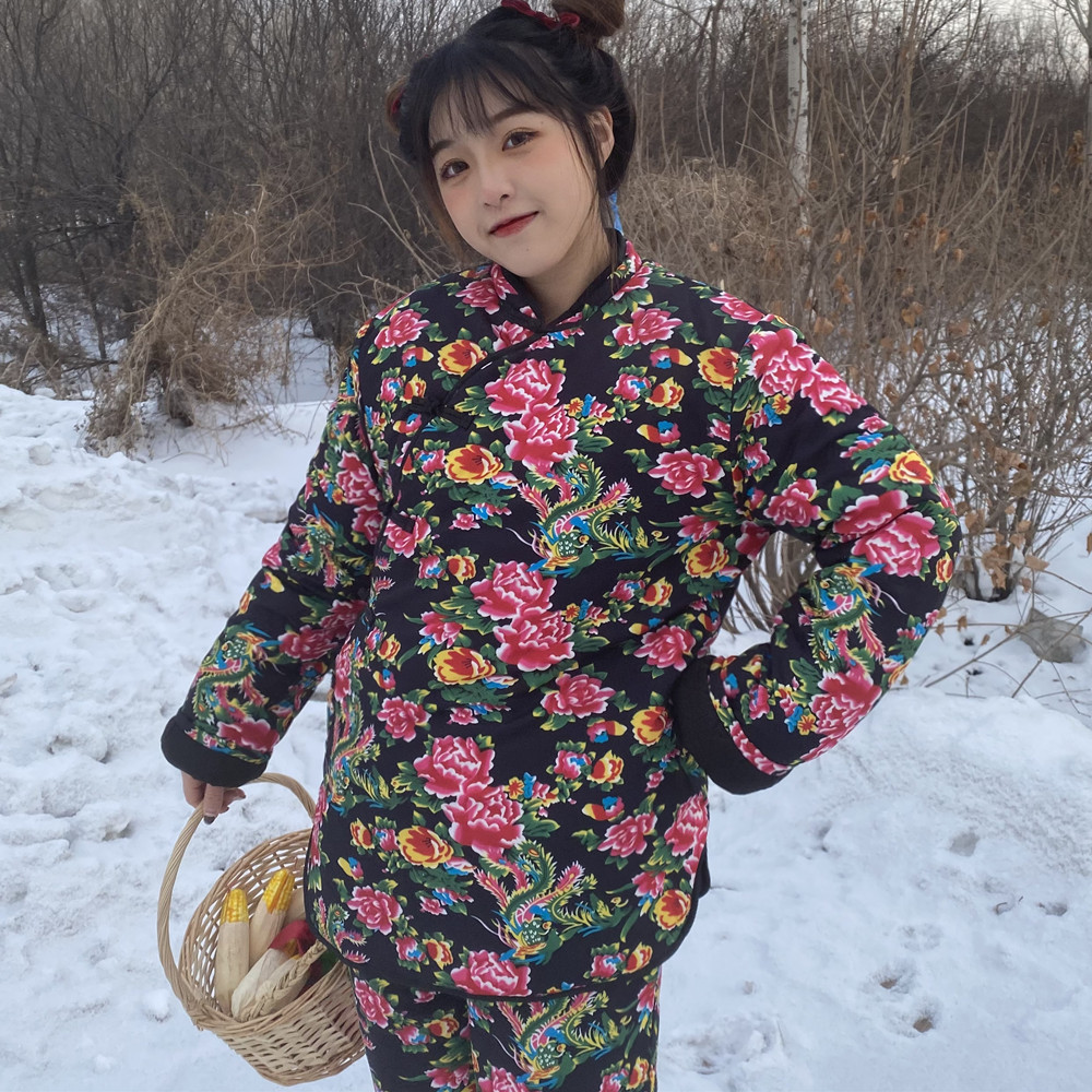 控 5价牛年东北大花裤牡丹花袄冬季加厚长袖袄子套装女_heyworldhey