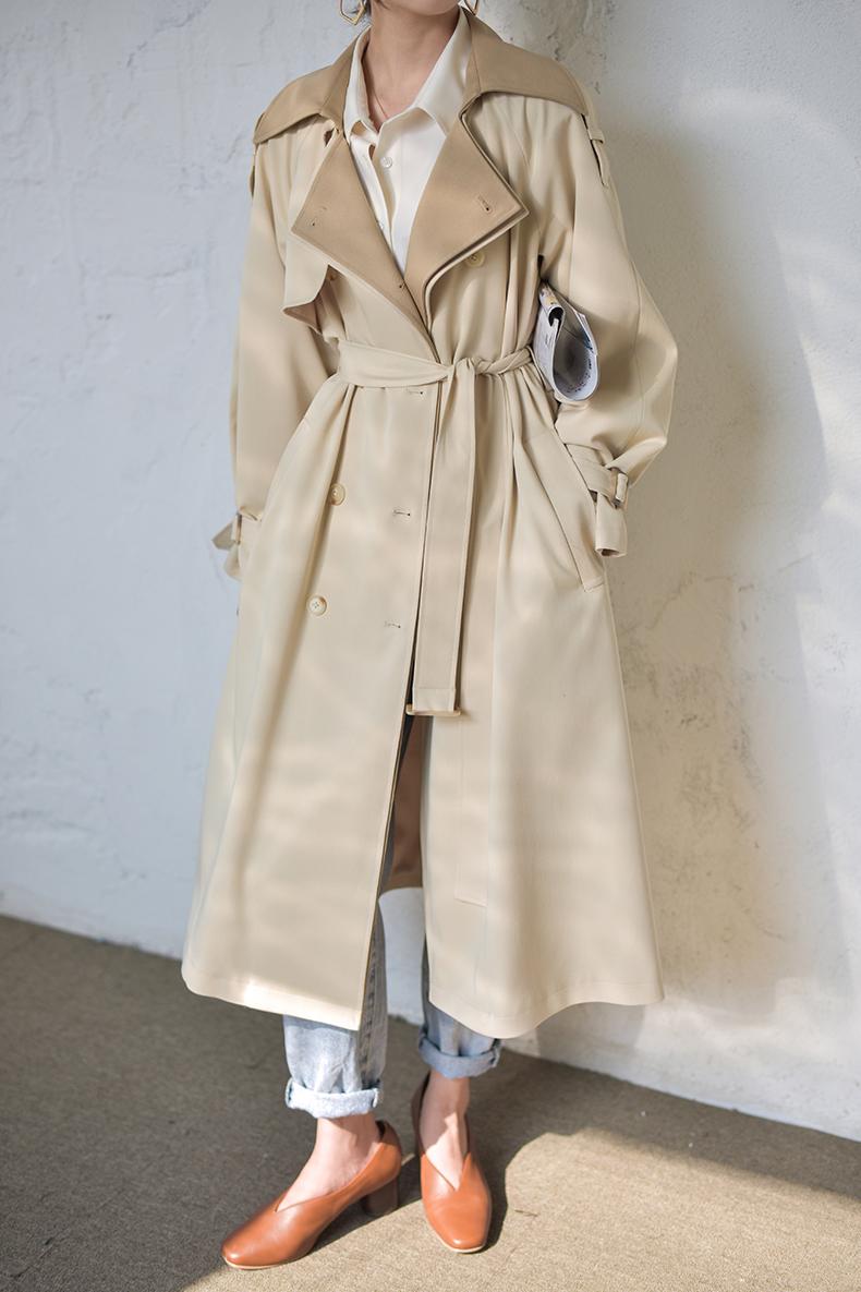 busslake布斯湖 白玉奶咖双层领设计撞色翻领中长风衣外套秋