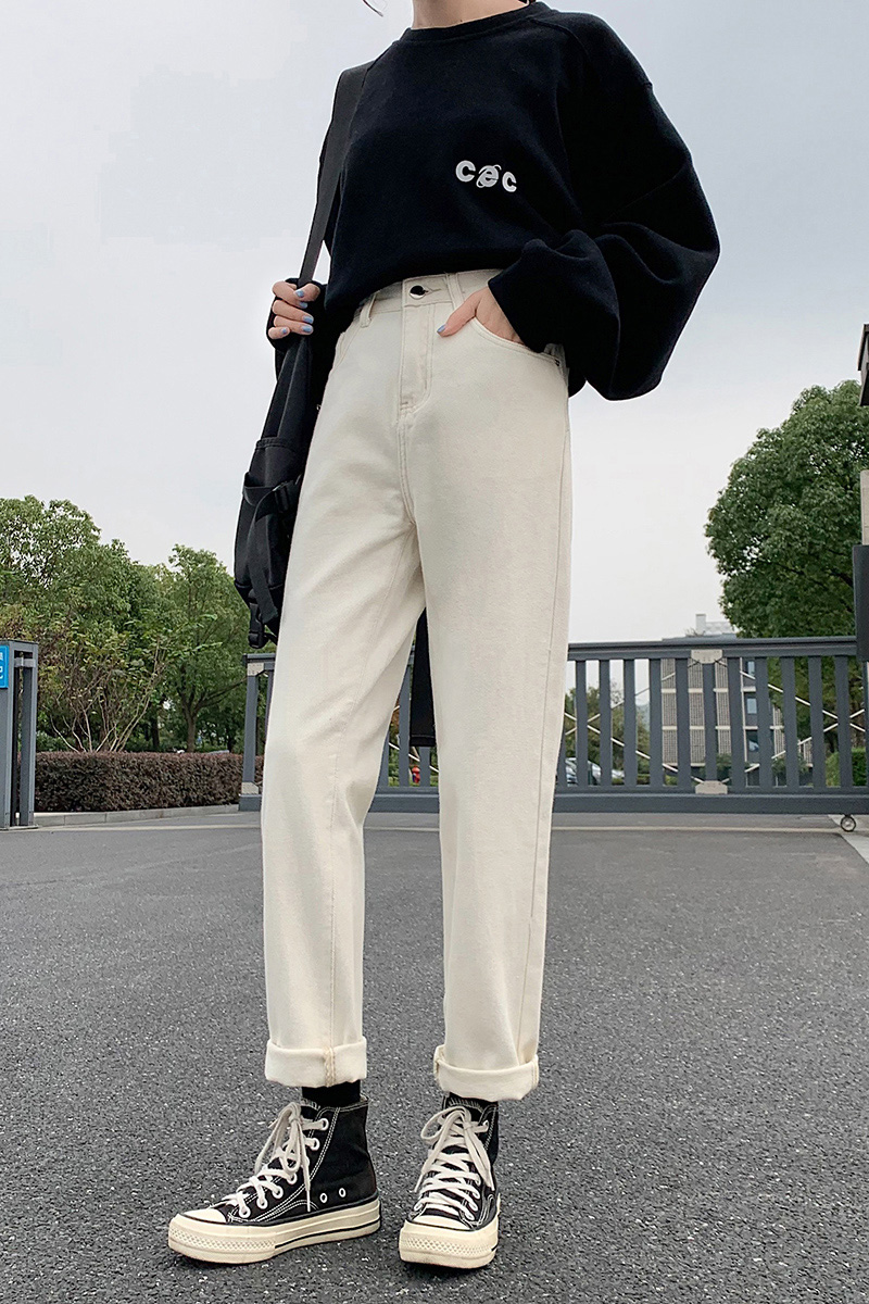 实拍米白色牛仔裤女高腰直筒宽松显瘦2021年春款老爹哈伦萝卜裤子
