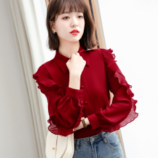 批发实拍2026春秋荷叶边<b class='q'>长袖</b>红色<b class='q'>衬衫</b>法式复古气质<b class='q'>雪纺</b><b class='q'>上衣</b>