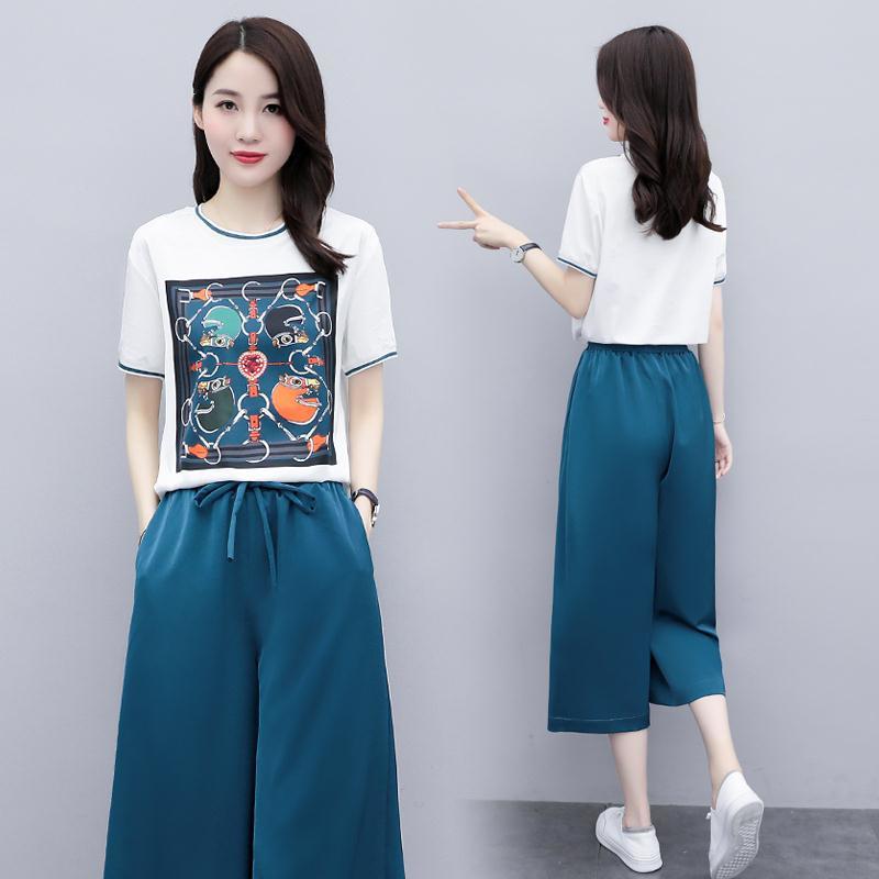 短袖套装女夏2021新款女装网红两件套装时尚阔腿裤套装女两件套