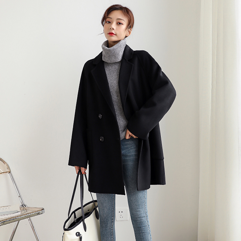 黑色双面羊绒大衣女短款秋冬新款高端小个子宽松气质西装毛呢外套