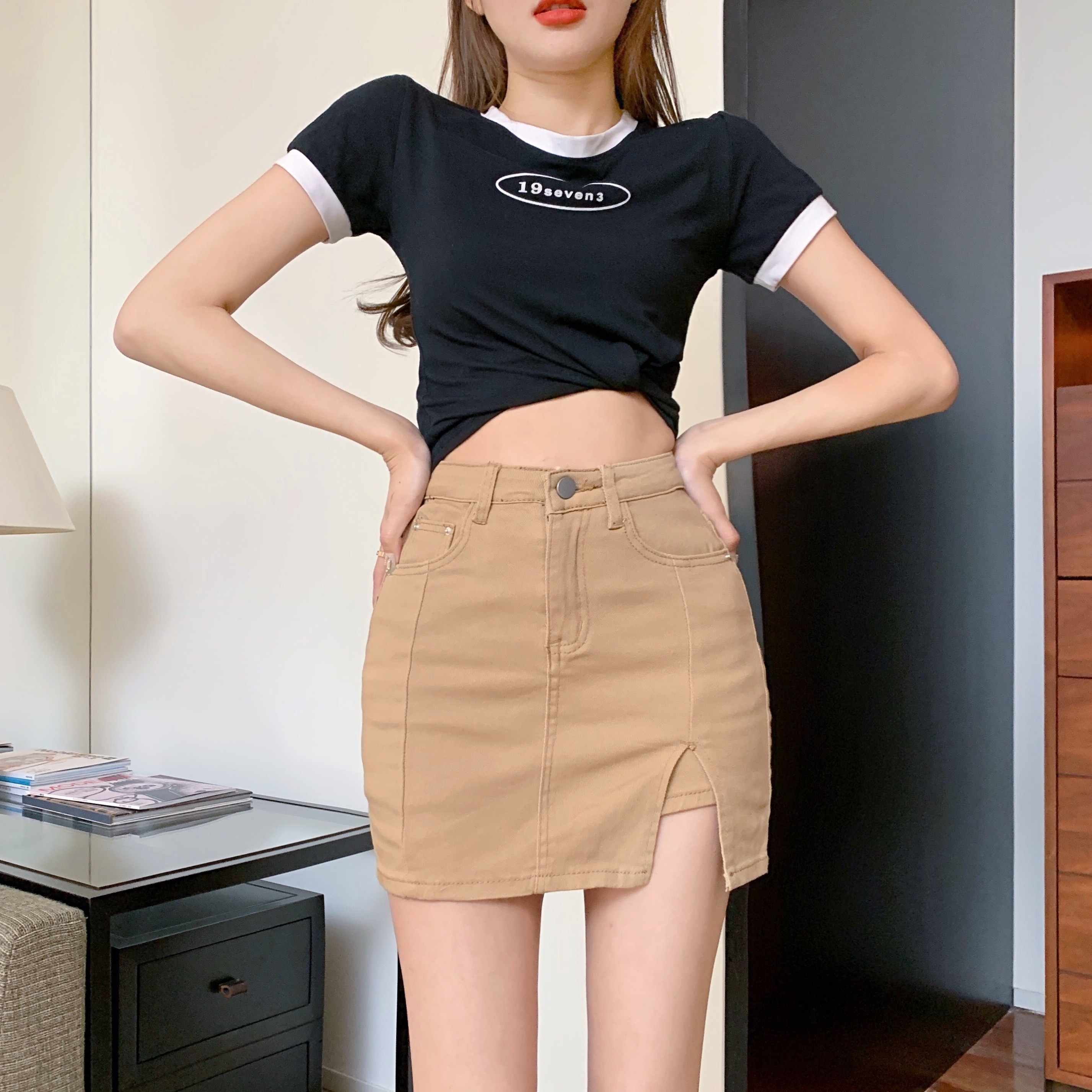 实拍实价防走光牛仔裤裙复古高腰开叉包臀百搭弹力半身裙洗水个性