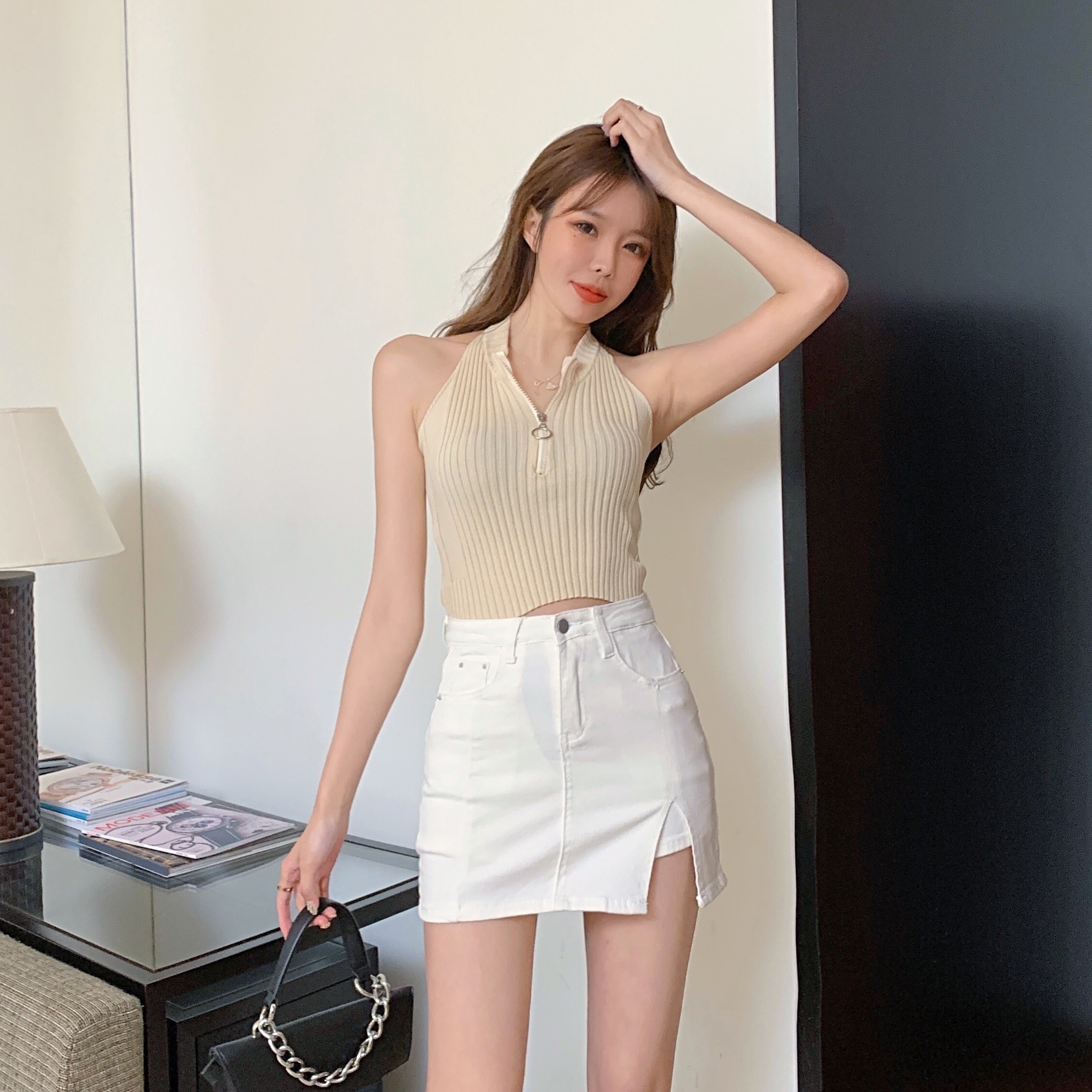 价弹力2021春夏牛仔半身裙高腰开叉修身显瘦a字包臀防走光_ay牛仔aynz