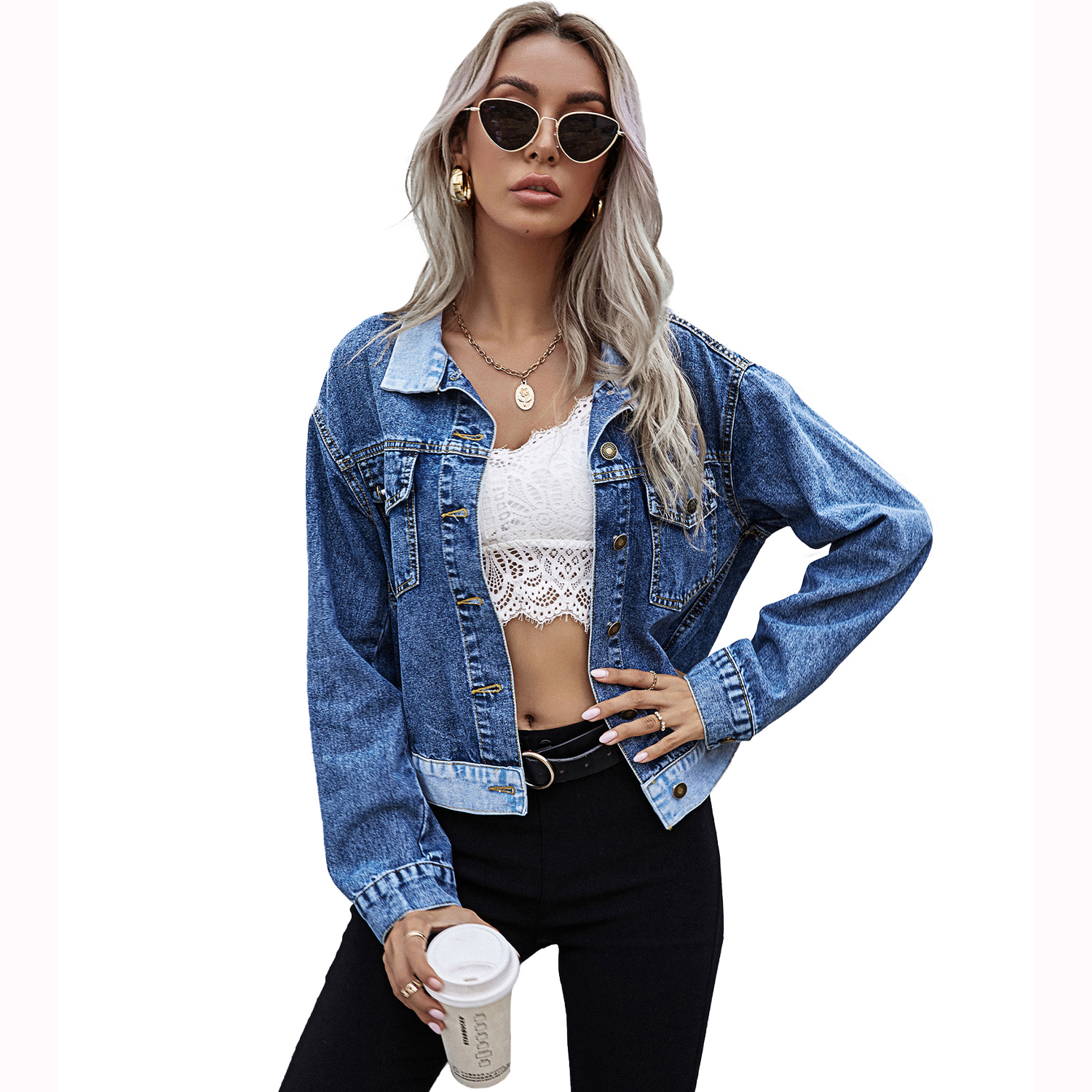 亚马逊跨境女装欧美ins 牛仔翻领拼色牛仔外套 秋冬