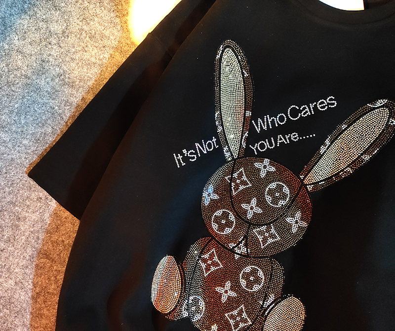 官图95棉重工烫钻兔子欧美潮牌短袖t恤女加厚宽松