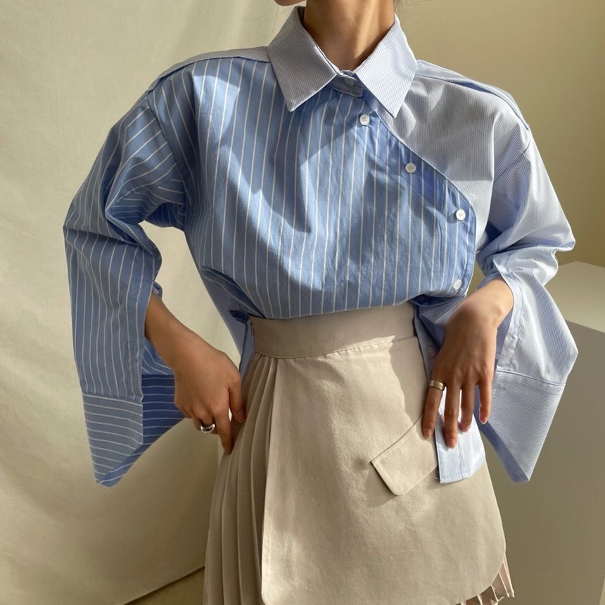 新款小众百搭翻领条纹撞色不规则拼接斜边单排扣宽松长袖衬衫