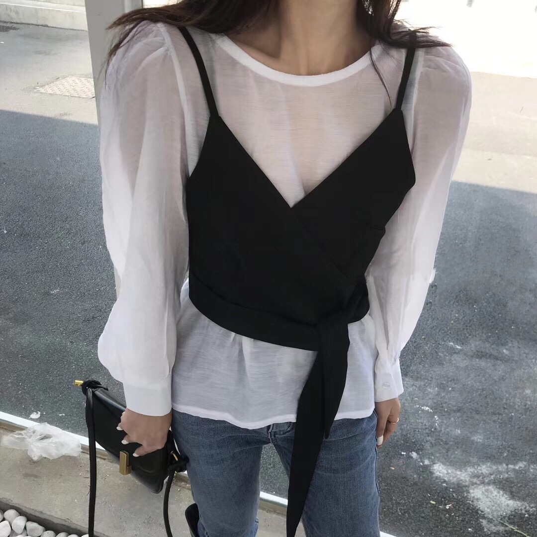 春季新款设计感长袖衬衫外搭吊带绑带背心修身显瘦衬衫两件套