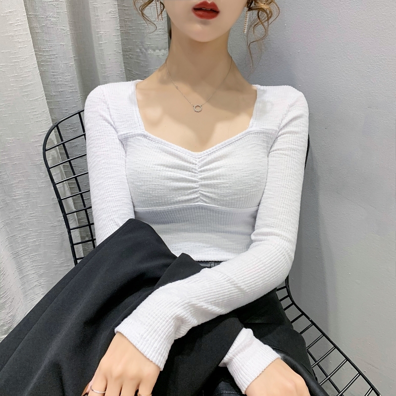 实拍#长袖t恤女2021春季新款性感锁骨方领上衣修身显瘦打底衫内搭