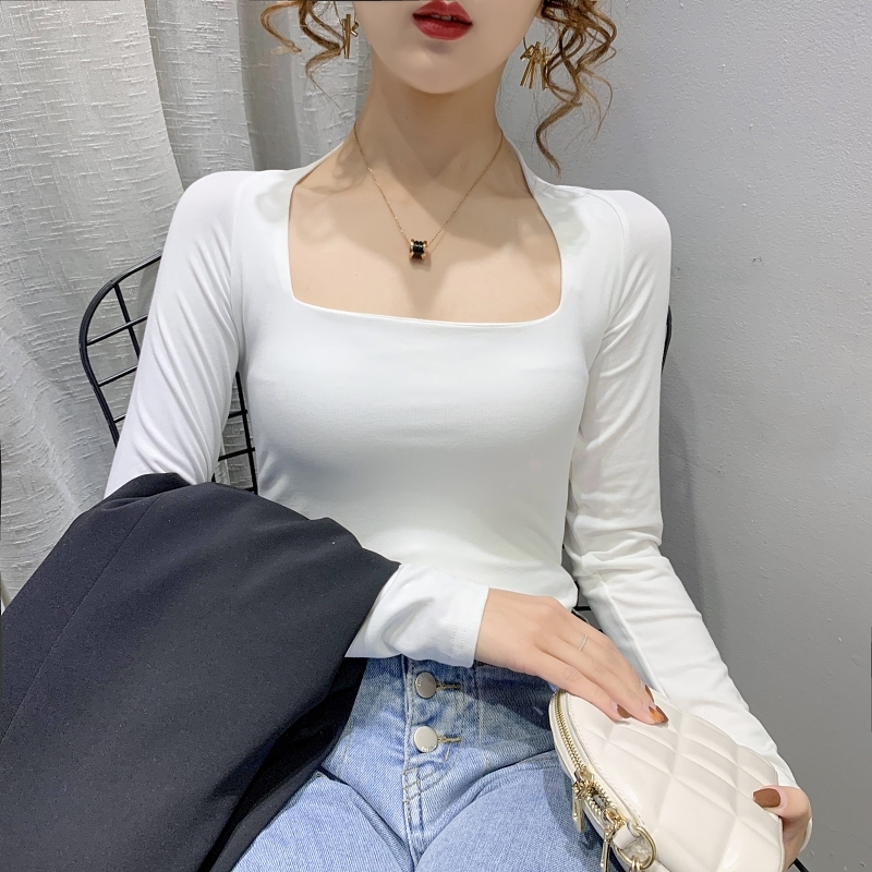 实拍#长袖t恤女修身2021春季新款法式锁骨方领上衣打底衫女内搭潮