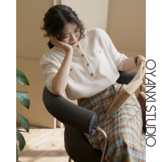 批发欧阳喜 圆领针织衫女2021新款简约排扣设计上衣半袖显瘦针织<b class='q'>毛衣</b>