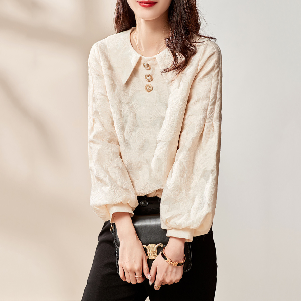 提花衬衫21春新小翻领长袖宽松小a摆娃娃衫衬衣女士新款上衣