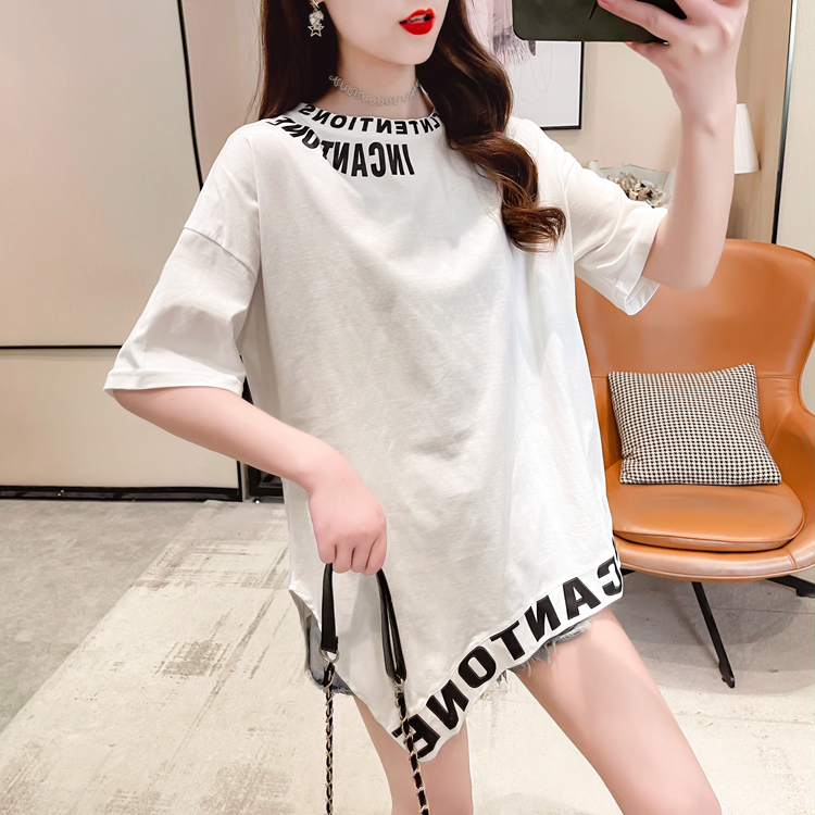 实拍 短袖T恤女2021夏季新款韩版宽松中长款不规则大码打底衫T恤