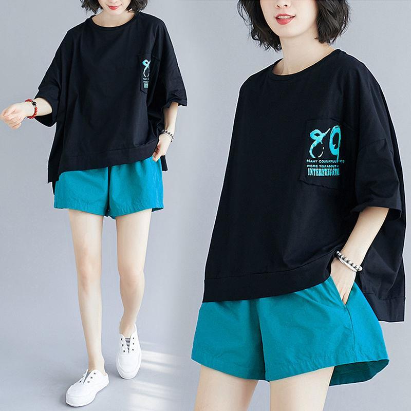 80-200斤女装胖妹妹显瘦短袖短裤套装女夏两件套2021新款宽松时尚