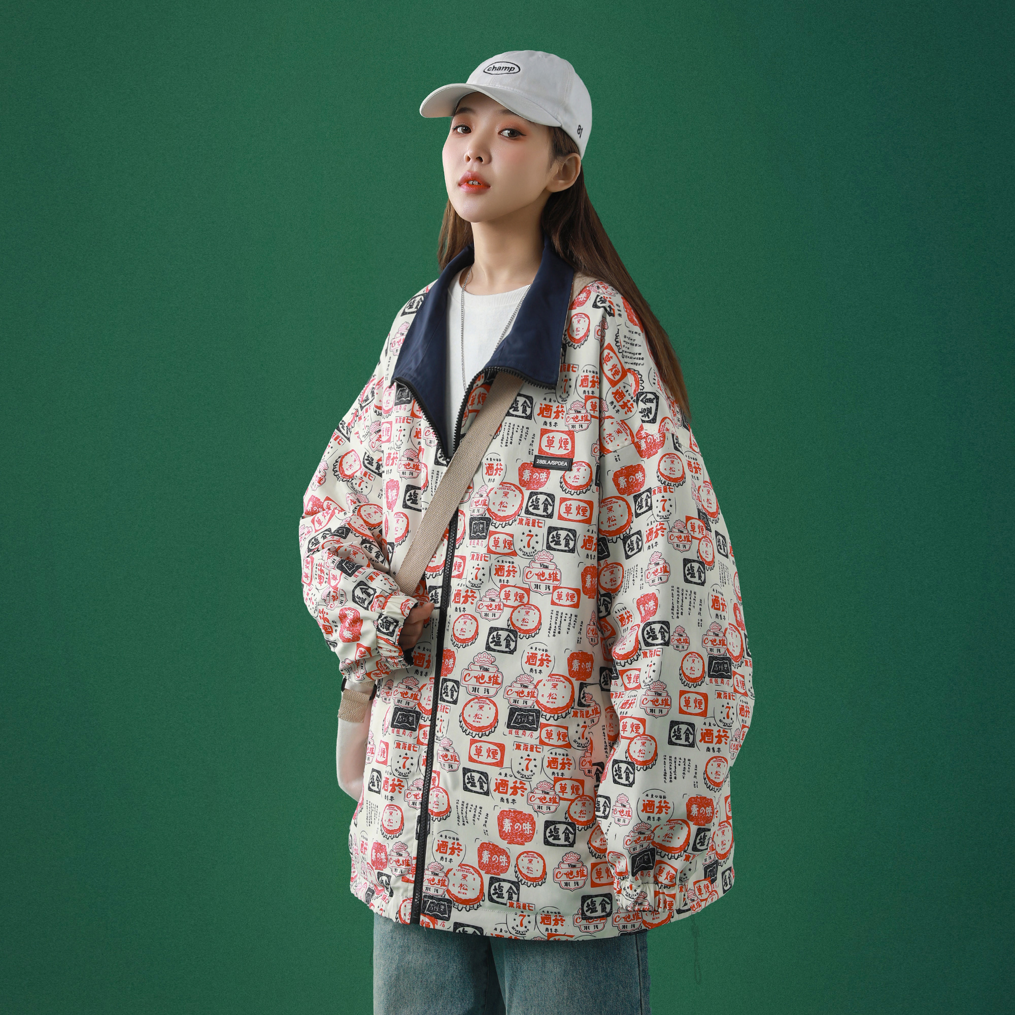 春装2021年新款女两面穿外套春秋日系满印夹克女生宽松上衣潮流