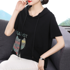 棉质短袖t恤女2021夏季新款韩版宽松显瘦40岁妈妈装大码连帽上衣