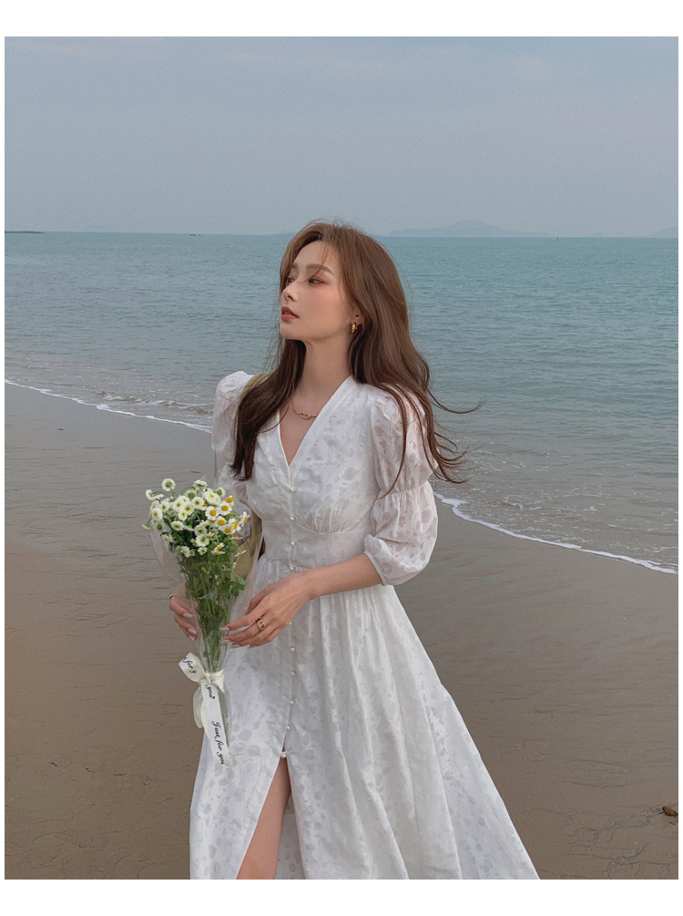大花媛dhy2021春夏新款法式茶歇裙气质碎花中长款泡泡袖连衣裙女