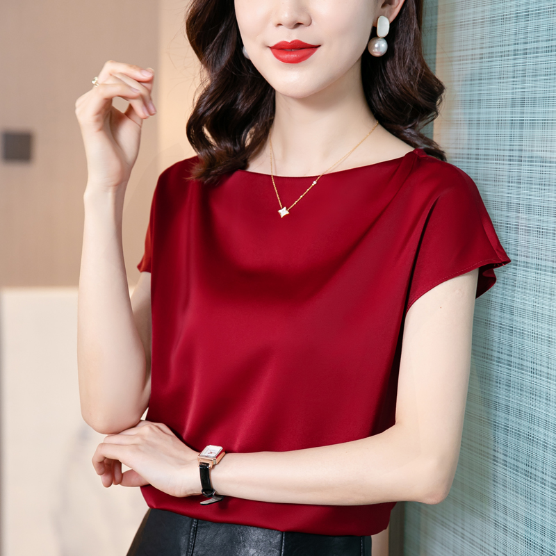 2026 여름 새로운 아세트산 새틴 배트윙 소매 미니멀리즘 패션 다용도 반팔 여성 셔츠