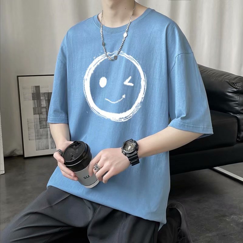 实拍宽松短袖男t恤潮牌潮流ins百搭港风半袖体桖原宿风衣服五分袖