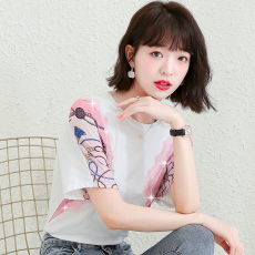 2021实拍◆◆有现货◆◆夏新款韩版印花蕾丝拼接烫钻圆领短袖纯棉T恤女宽松减龄体恤潮