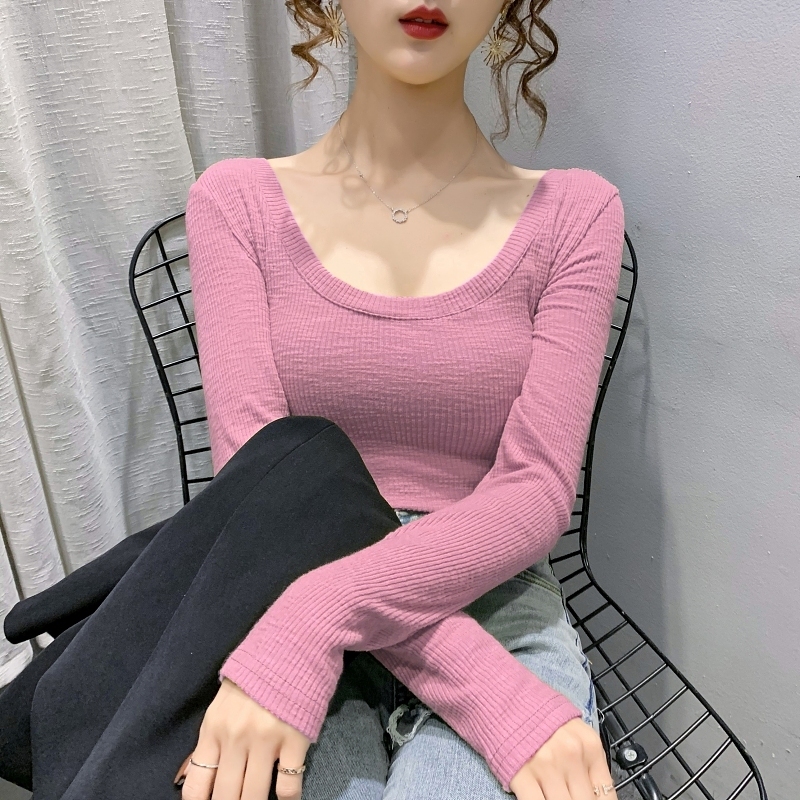 QD0855实拍#磨毛v领打底衫女秋冬洋气紧身锁骨上衣纯色长袖t恤